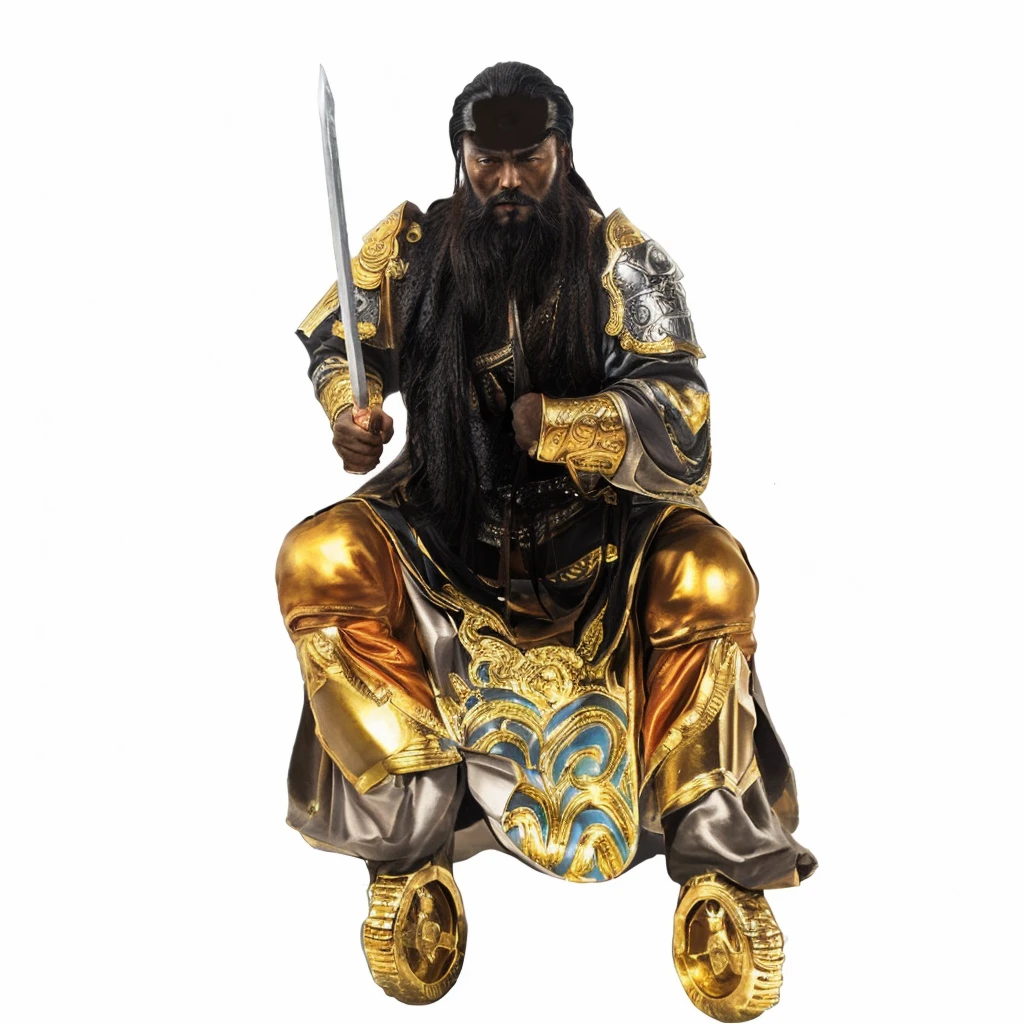 a black skin man with a long beard and a sword, chinese warrior, sitting on golden throne, luxurious robe, black bared foot, 2 golden wheel below the foot, big forehead, nearly bald