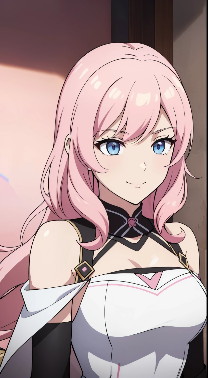 (high-quality, breathtaking),(expressive eyes, perfect face) Symmetrical Eyes, portrait, 1girl, warm blonde hair color, pink highlights, bright blue eyes, blue and white armor, black curly hair, wavy hair, bare shoulders, smiling, fantasy armor, Neopolitan RWBY, detached sleeves, long hair length, black shawl
