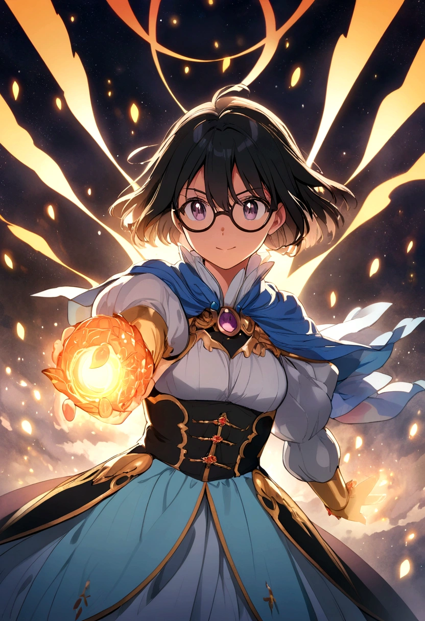 anime girl,with black hair black rounded glasses with a dark