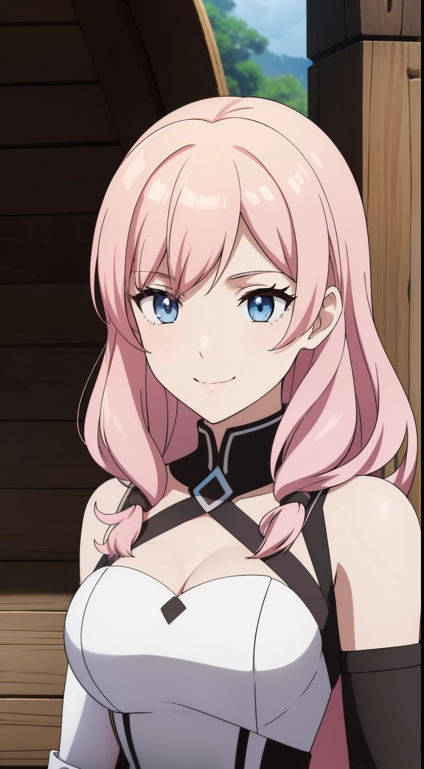 (high-quality, breathtaking),(expressive eyes, perfect face) Symmetrical Eyes, portrait, 1girl, warm blonde hair color, pink highlights, bright blue eyes, blue and white armor, black curly hair, wavy hair, bare shoulders, smiling, fantasy armor, Neopolitan RWBY, detached sleeves, long hair length, black shawl
