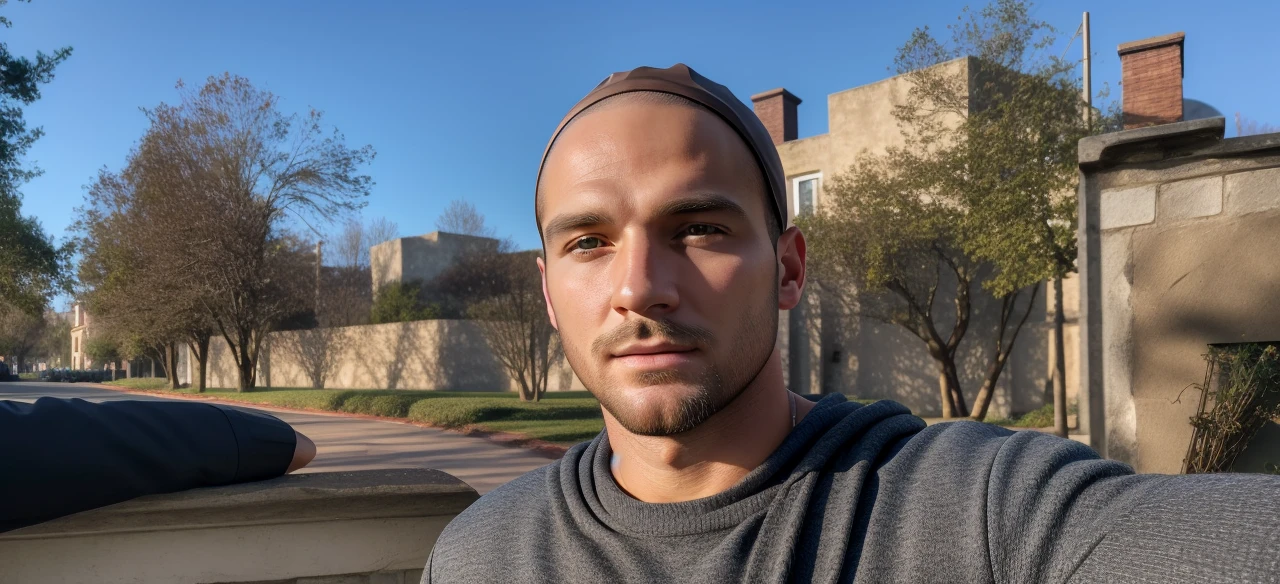 (master piece), (best quality), cinematic, photorealism, rendering, realistic, ultra detailed, perfect face, portrait frame, chest up, elegant man, man in cap and hoods, 24 year old man, medium beard, eyes browns, coat, cold colors, from the front, gorgeous, looking at the camera, blurred background