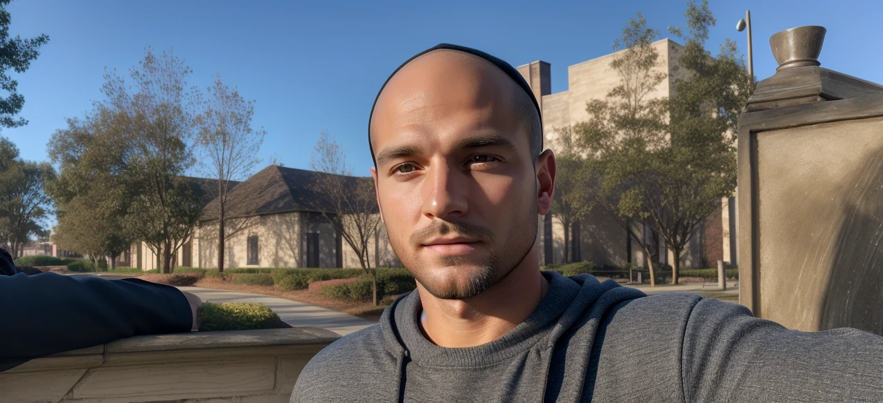 (master piece), (best quality), cinematic, photorealism, rendering, realistic, ultra detailed, perfect face, portrait frame, chest up, elegant man, man in cap and hoods, 24 year old man, medium beard, eyes browns, coat, cold colors, from the front, gorgeous, looking at the camera, blurred background
