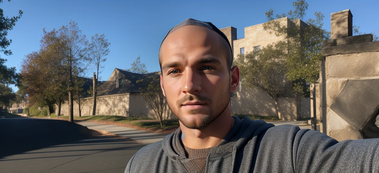 (master piece), (best quality), cinematic, photorealism, rendering, realistic, ultra detailed, perfect face, portrait frame, chest up, elegant man, man in cap and hoods, 24 year old man, medium beard, eyes browns, coat, cold colors, from the front, gorgeous, looking at the camera, blurred background
