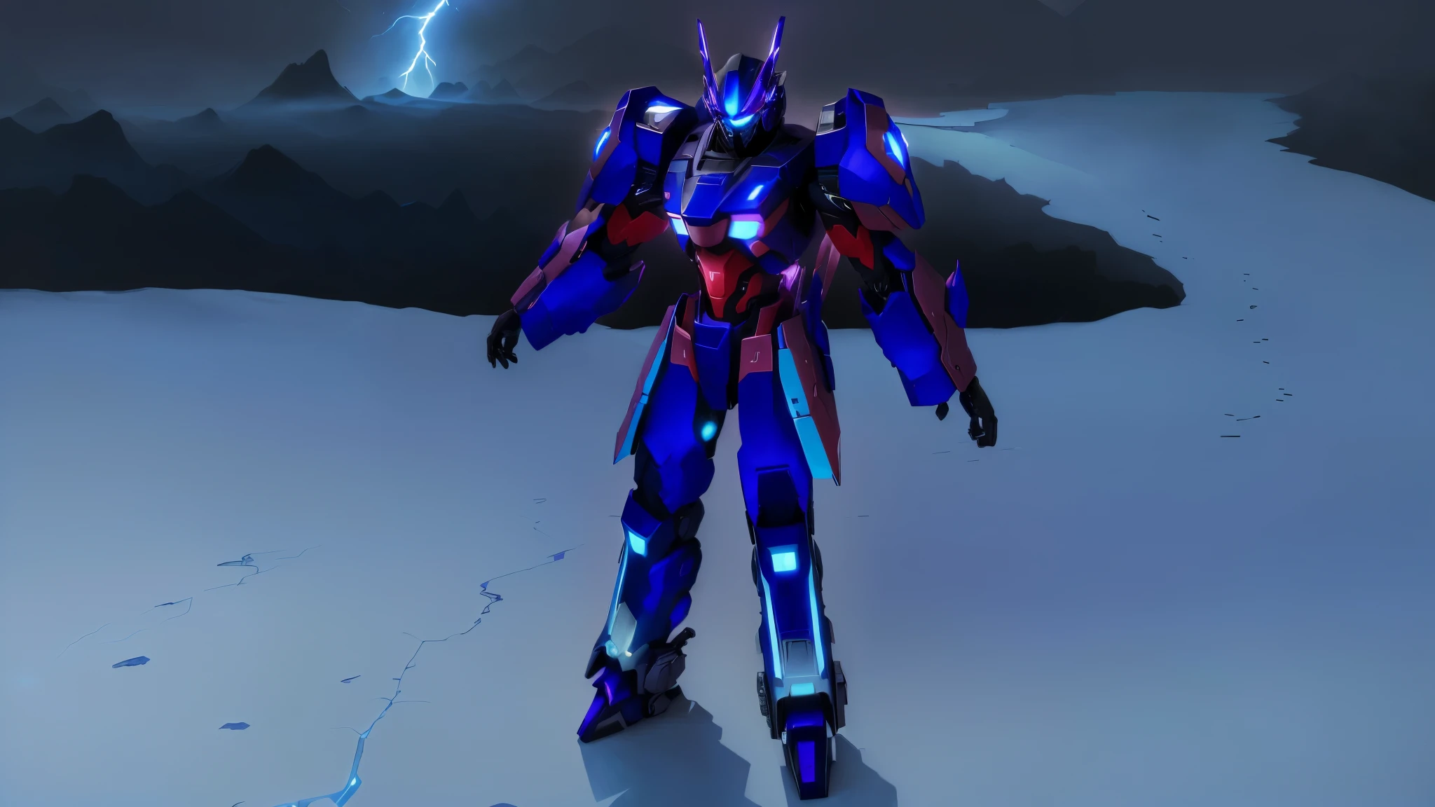 a blue colored female transformer with purple inserts, symmetrically arranged purple parts, on the back - hellicopter wings, arms from elbows to hands look like the front part of a helicopter, on the legs from knees to the ankle there are helicopter's repulsors and small heicopter's tail wings, no helmet, light blue eyes, two legs, two arms, not a suit, on a background there is an snowy dark blue metal desert, no buildings, no structures, dark blue storm clouds, light blue lightning from the clouds, blue river, river to the horizon, electrified river, light blue lightning from the river, space sky, stars in the sky, composition on the metal planet, big metalic planet, dark-blue metal, shiny metal, cybertron, mechanical planet, empty wasteland, dark blue storm clouds, light blue lightning from clouds, blue river, river to horizon, electrized river, light blue lightning from river, space sky, stars on the sky, realistic, watercolor, 4k, high quality, hight attention to details, concept art, concept art by Chris Mowry.