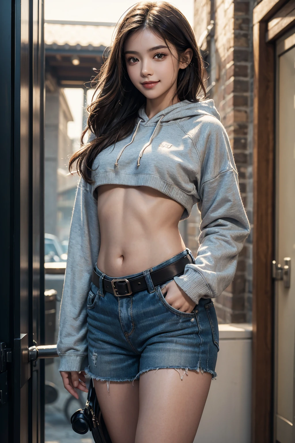 a girl, Thick belly button hoodie, long sleeve, (bare midriff, exposed navel), sexy abs, navel open,completely exposed abdomen, Low-rise hot pants,Exposing the entire abdomen,Mermaid Line, groin,metal belt, summer street, cinematic lighting, ray tracing, Fujicolor, anaglyph, cowboy shot, high detail, Verism, UHD, masterpiece, anatomically correct, textured skin, super detail, high details, award winning, best quality, 4K,Looking at the camera,Smile
