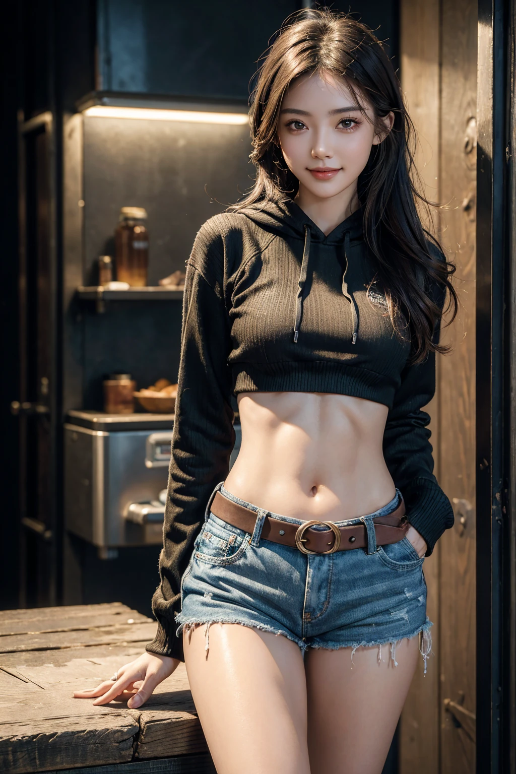 a girl, Thick belly button hoodie, long sleeve, (bare midriff, exposed navel), sexy abs, navel open，completely exposed abdomen, Low-rise hot pants，Exposing the entire abdomen，Mermaid Line, groin，metal belt, summer street, cinematic lighting, ray tracing, Fujicolor, anaglyph, cowboy shot, high detail, Verism, UHD, masterpiece, anatomically correct, textured skin, super detail, high details, award winning, best quality, 4K，Looking at the camera，Smile