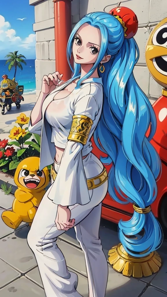 Crie uma imagem full body em estilo anime de Nefertari Vivi do anime One Piece. Ela possui cabelos longos e azuis com franja estilo Hime, olhos azuis, e um sorriso encantador. She is wearing a white leather jacket over a white loose-fitting shirt and sweatpants.. (corpo bonito:1.3) Vivi has bright red lips and a perfect anime face, com detalhes realistas e ultra detalhados. O fundo deve ser uma cidade, destacando-a como a melhor garota de anime (rosto bonito:1.3)