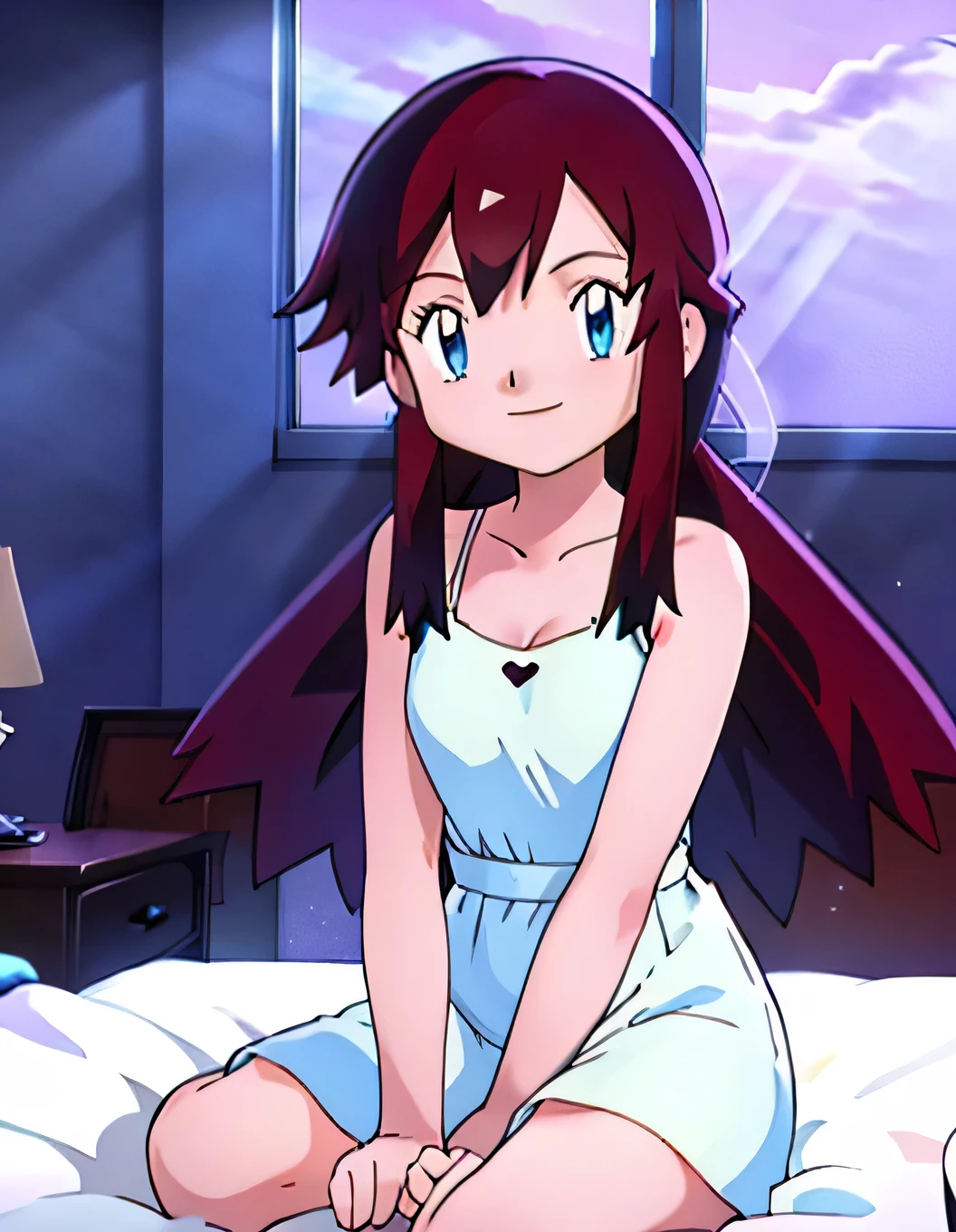 Melody, 1 girl, brown hair, blue eyes, bare shoulders, masterpiece, best quality, ultra-detailed, illustration, beautiful detailed eyes, very detailed illustration, cinematic lighting, solo, collarbone, Pink Camisole dress, intricate details, sharp focus, high resolution, evening light, purple sundown, bedroom, window, sitting on her bed, smile