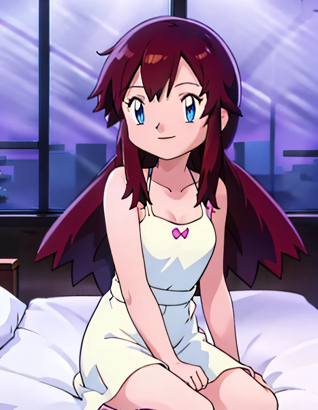 Melody, 1 girl, brown hair, blue eyes, bare shoulders, masterpiece, best quality, ultra-detailed, illustration, beautiful detailed eyes, very detailed illustration, cinematic lighting, solo, collarbone, Pink Camisole dress, intricate details, sharp focus, high resolution, evening light, purple sundown, bedroom, window, sitting on her bed, smile