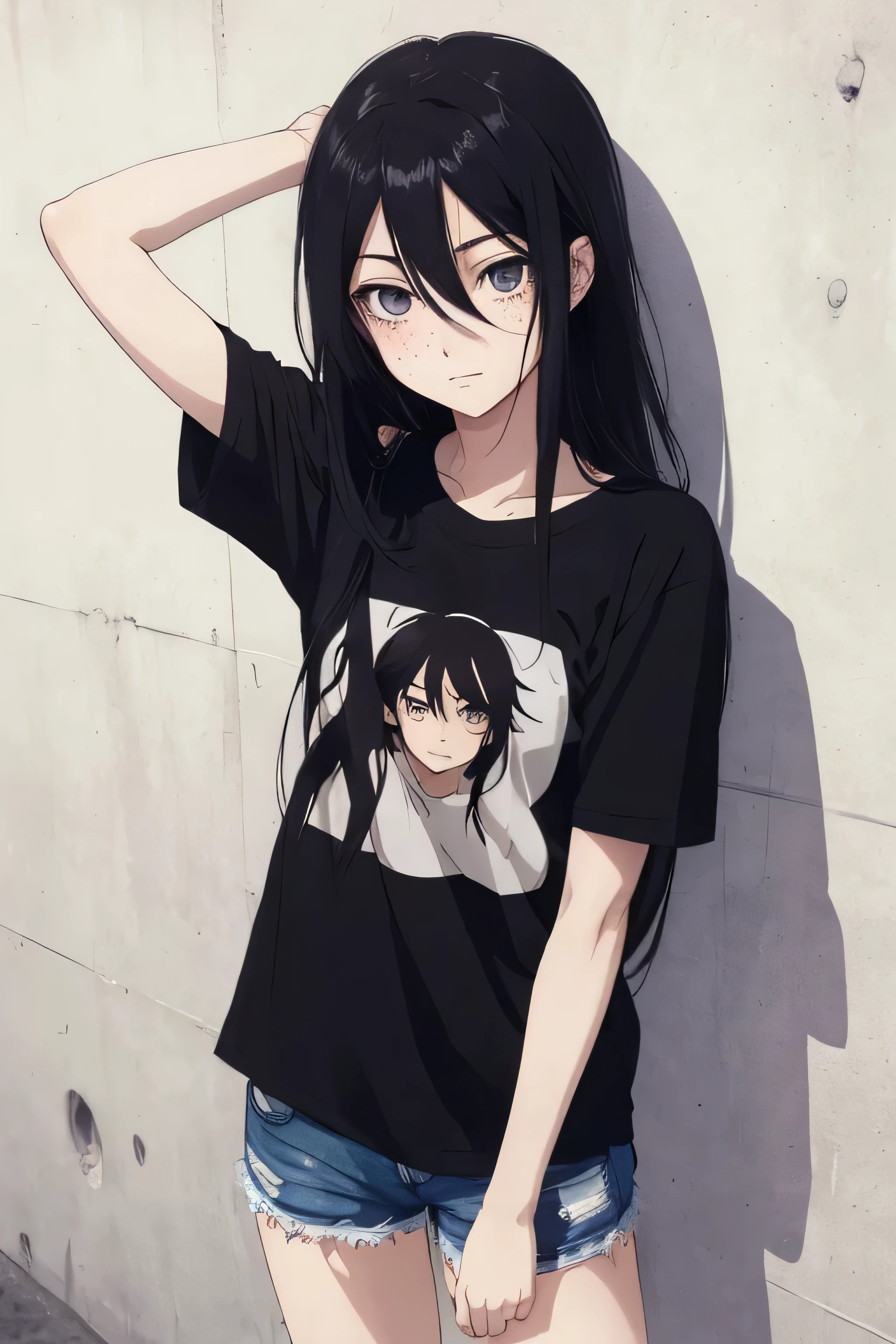 high quality, anime girl with dark circles, small iris's, black eyes, long black messy hair, t-shirt, shorts, freckles


