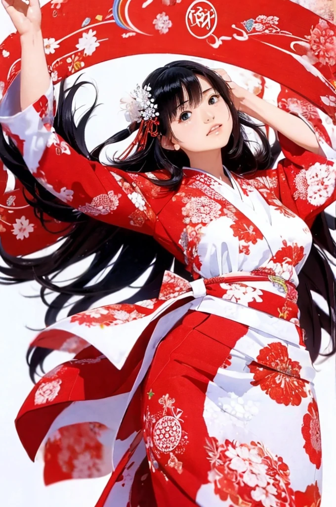 (((White Background、White world)))、14 years、unity 8k wallpaper、Very detailed、beautifully、beautiful、masterpiece、highest quality、(Zentangle、Mandala、Tangle、Tangle)、(Fractal Art:1.3)、One Girl、Beautiful black hair、Japanese、Big pink、red kimono、Japanese clothing、Very detailed、Dynamic Angle、Cowboy Shot、Chaos in its most beautiful form、elegant、Brutalist Design、Vibrant colors、Romance、atmosphere、Ecstasy Note、Streaming notes are displayed、(((White Background、Pure white background、Red circle)))
