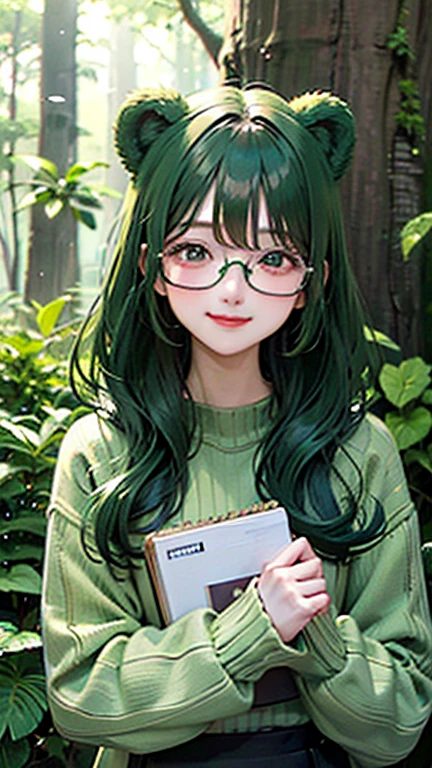 girl,1 person,Glasses,smile,smilingly,in the forest,Book,Green Hair,Green Sweater,Bears Ears,