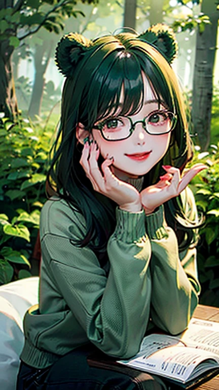 girl,1 person,Glasses,smile,smilingly,in the forest,Book,Green Hair,Green Sweater,Bears Ears,