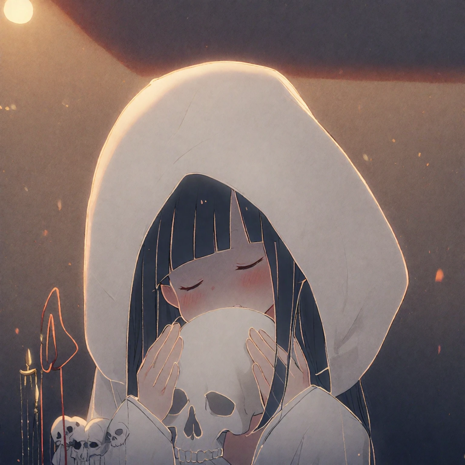 1girl、Black hair, long hair、white kimono,wedding,wataboushi,uchikake,standing,white hood,、shiromuku、 skull, cheeks to skull, evening,faint light、deep shadows、