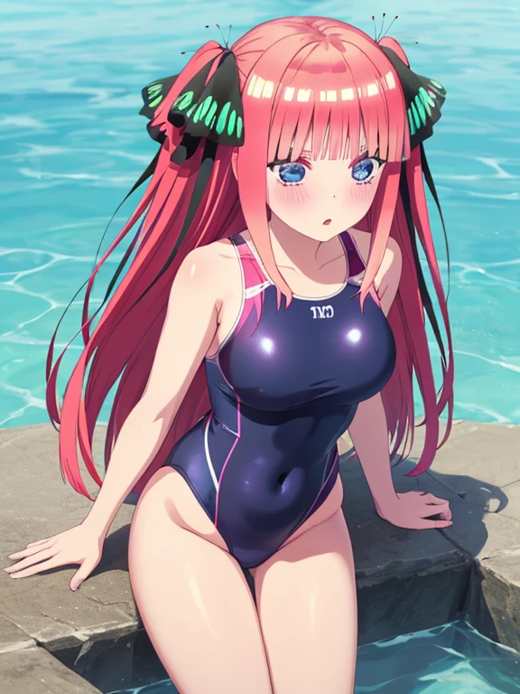 masterpiece, best quality, insanely detailed, beautiful, nino nakano, long hair, bangs, blue eyes, hair ornament, hair ribbon, pink hair, blunt bangs, two side up, butterfly hair ornament, blush, large brests, High leg swimsuit, one-piece swimsuit