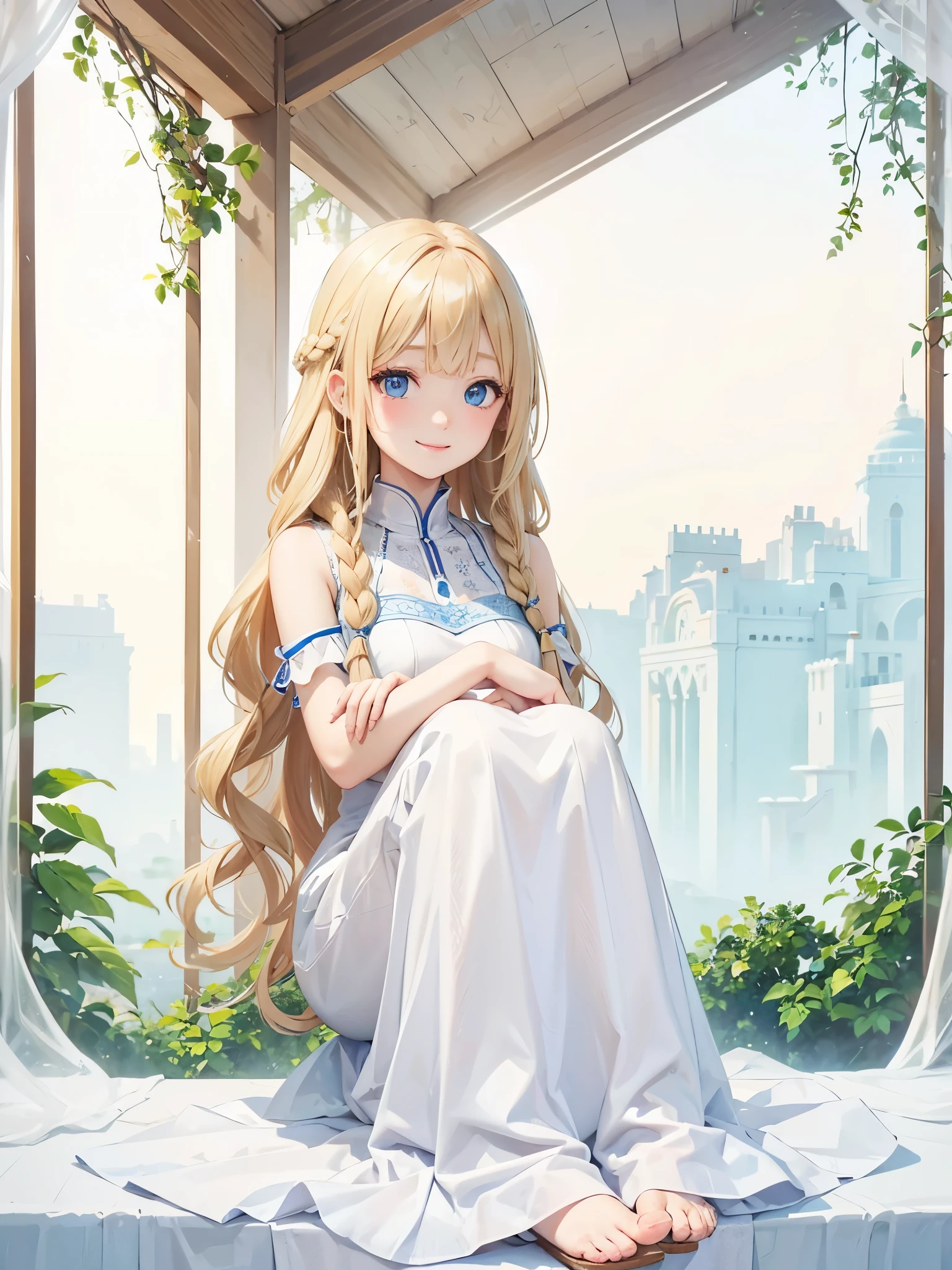 Blonde Hair、blue eyes、girl、Lady、Braiding、I have long hair。、girl、White dress、smile、Vertical Roll、Drill Hair、Wavy Hair、Sitting、palace、reservoir
