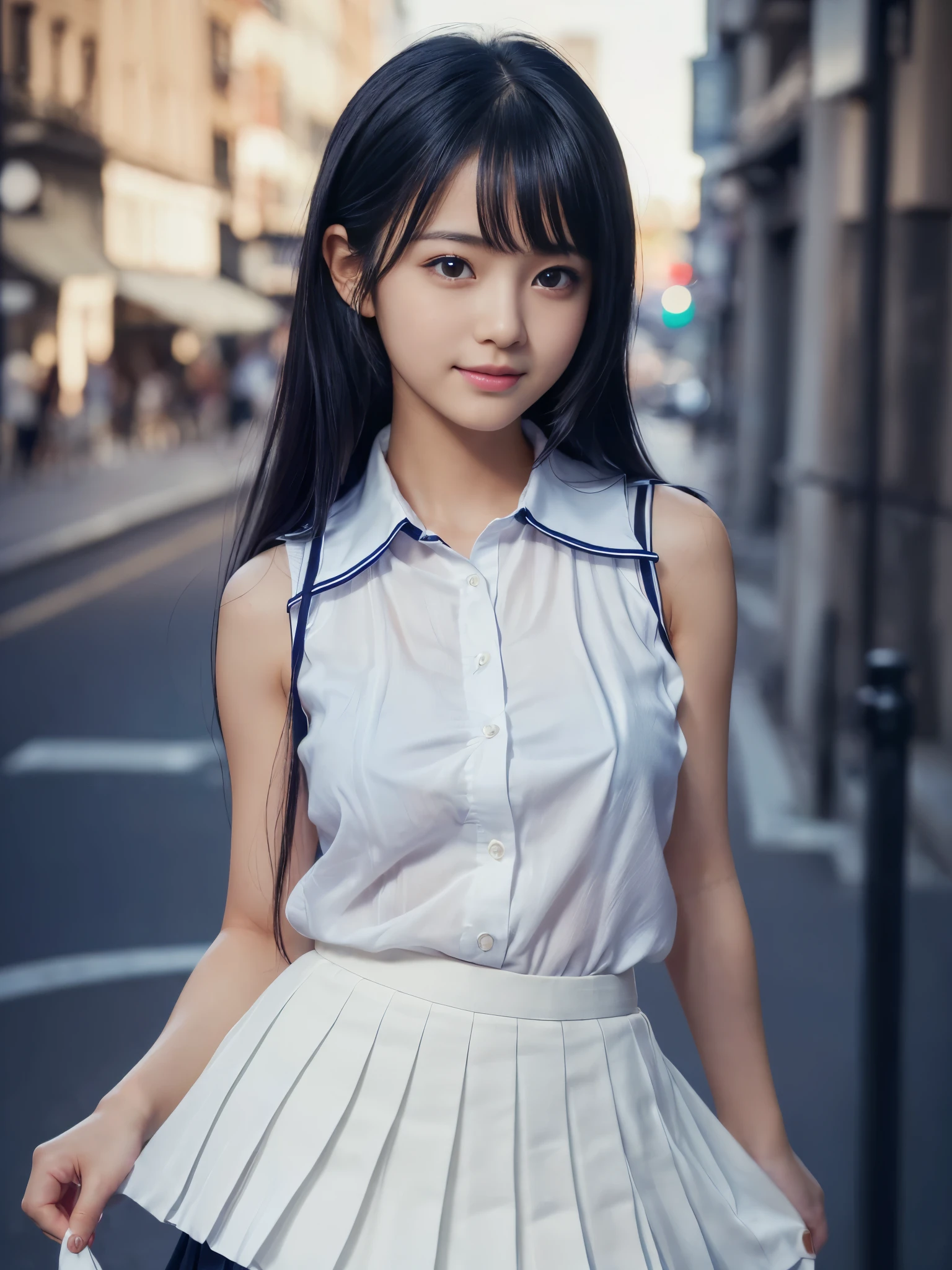 (Best-quality, Masterpiece, Ultra-High-Resolution, (Photorealistic:1.4), Raw Photo, depth of field, professional lighting, perfect anatomy, extremely details), 1girl, -yeld, thost famous Japanese idol, ((wearing white sleeveless-shirt, navy-blue pleated-skirt):1.3), looking at viewer, innocent smile, ((extremely cute face, ((extremely cute and extremely big black-realistic-eyes)), extremely cute black-hair) extremely cute long-eyelashes, extremely cute lips), (((extremely beautiful and extremely realistic skins))), extremely beautiful thighs