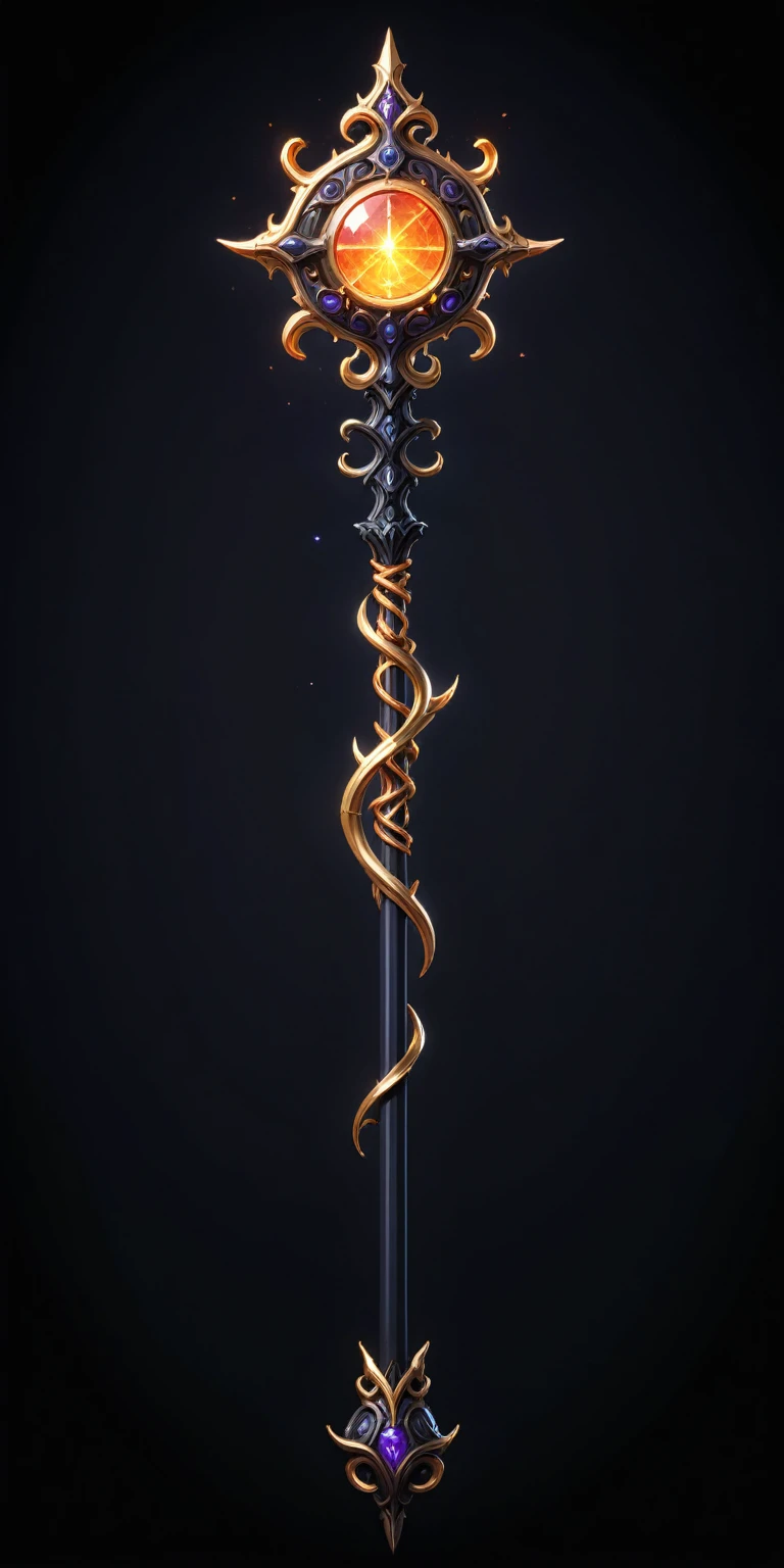pixel art, cartoon illustration, Divine glavie greatstaff, Powerfull Magical theme, simple black background, RPG game icon 