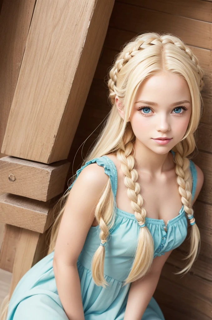 very cute blonde wearing 2 braids in her hair and wearing a dress (desenho estilo disney