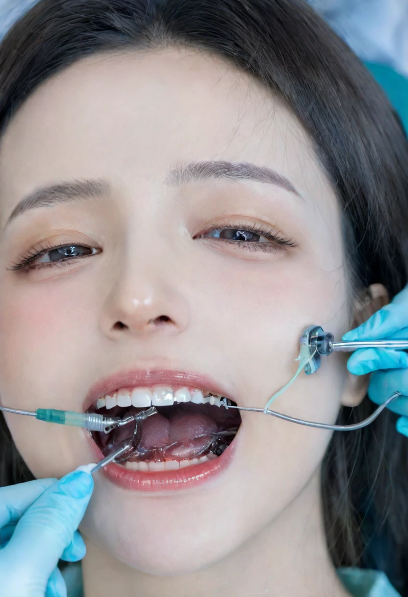 arafed woman getting her teeth checked by a dentist, Screenshots from YouTube videos, dentist, I gritted my teeth., Hole in the lower jaw, Drooling and baring teeth, Underbite, Anesthetic, Odonthophobia, Operation, Acid leaks from the mouth, failed cosmetic Operation, Biomechanical open chewing mouth, with electric arc device, Spit flying from the mouth, Teeth are visible