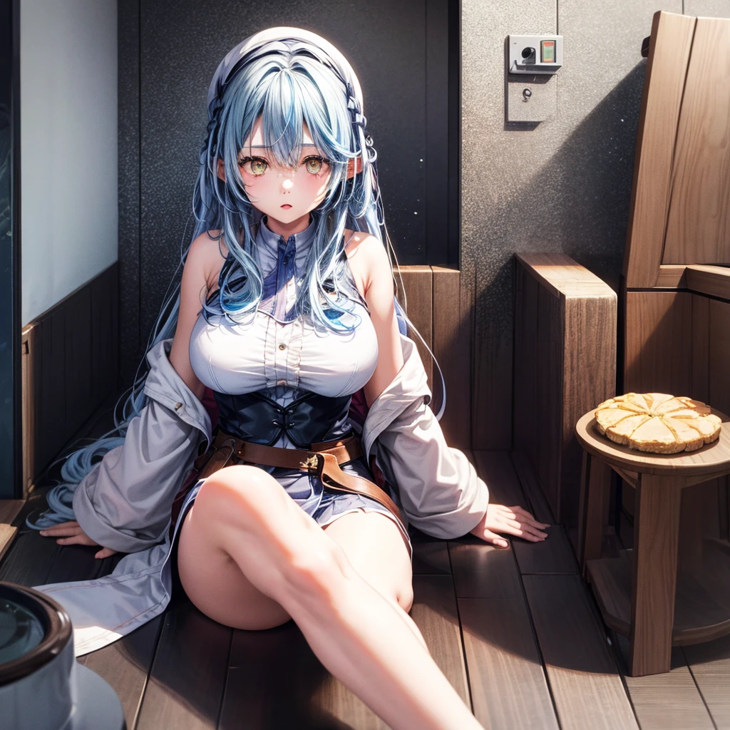 solo、1girl、full-body portraits、sleeveless、sitting down、White-colored skin,Large Breasts