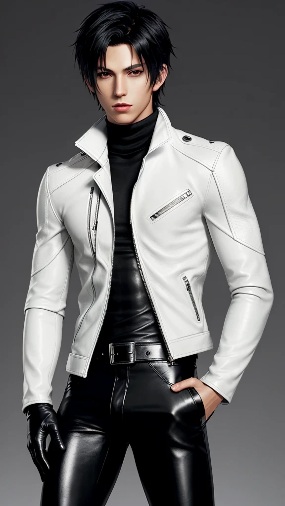 Final fantasy taste and reality graphics, Japanese young cute and cool ikemen boy, his age is early 20s, thin eyebrows and beady eyes, he wearing off white color leather thick singlebrest biker jacket, with epaulet, jacket zipped up, jacket is biker style, , jacket collar is high length stand-up collar with belts, jacket is a little black line pattern,close the front of the jacket, also wearing black thick turtleneck lackluster shirts, tight black leather pants, shiny black leather tight and thin glove, black leather knee-high raceup boots,views head-to-toe,views whole body, boy looks like fashion model,Do not show skin from the neck down,leather jacket leather glove and leather pants have few wrinkles,boy in the room,