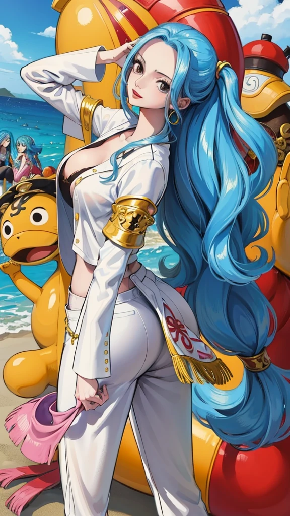 Crie uma imagem full body em estilo anime de Nefertari Vivi do anime One Piece. Ela possui cabelos longos e azuis com franja estilo Hime, olhos azuis, e um sorriso encantador. She is wearing a white leather jacket over a white loose-fitting shirt and sweatpants.. (corpo bonito:1.3) Vivi has bright red lips and a perfect anime face, com detalhes realistas e ultra detalhados. O fundo deve ser uma cidade, destacando-a como a melhor garota de anime (rosto bonito:1.3)