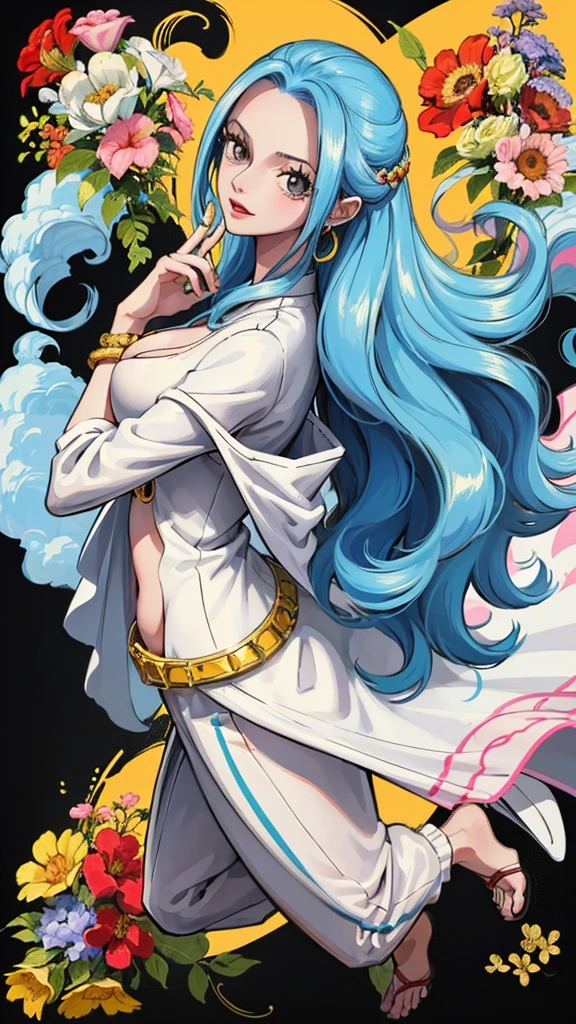 Crie uma imagem full body em estilo anime de Nefertari Vivi do anime One Piece. Ela possui cabelos longos e azuis com franja estilo Hime, olhos azuis, e um sorriso encantador. She is wearing a white leather jacket over a white loose-fitting shirt and sweatpants.. (corpo bonito:1.3) Vivi has bright red lips and a perfect anime face, com detalhes realistas e ultra detalhados. O fundo deve ser uma cidade, destacando-a como a melhor garota de anime (rosto bonito:1.3)