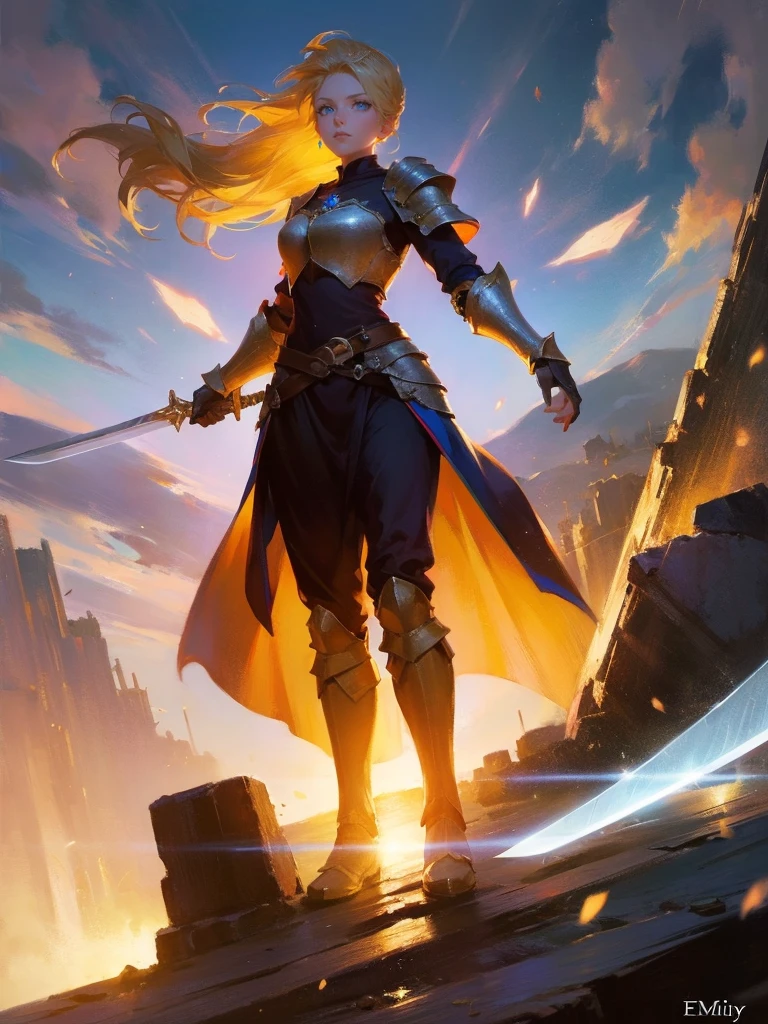 masterpiece, best quality, rpg character art, epic fantasy art style, 1 woman, Emily, 18 year old woman, serious and mature demeanor, focused in battle, rushing to a battle, using her wind based powers, super powers, wrapped in wind, full body fantasy concept art, blond hair in a ponytail comes down to her mid-back, crystal blue eyes, high detail, fantasy medieval style clothes (very light armor, sword at her waist), attire is modest but feminine, intricate details, ultra high resolution, sharp focus, HD, 8k, clear facial features, clear details, background is a medieval fantasy village, moving towards viewer