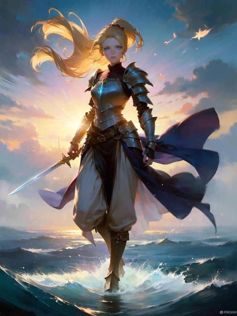 masterpiece, best quality, rpg character art, epic fantasy art style, 1 woman, Emily, 18 year old woman, serious and mature demeanor, focused in battle, rushing to a battle, using her wind based powers, super powers, wrapped in wind, full body fantasy concept art, blond hair in a ponytail comes down to her mid-back, crystal blue eyes, high detail, fantasy medieval style clothes (very light armor, sword at her waist), attire is modest but feminine, intricate details, ultra high resolution, sharp focus, HD, 8k, clear facial features, clear details, background is a medieval fantasy village, moving towards viewer