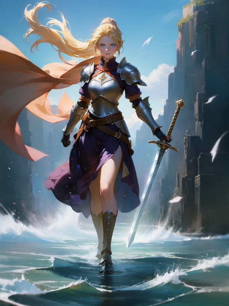 masterpiece, best quality, rpg character art, epic fantasy art style, 1 woman, Emily, 18 year old woman, serious and mature demeanor, focused in battle, rushing to a battle, using her wind based powers, super powers, wrapped in wind, full body fantasy concept art, blond hair in a ponytail comes down to her mid-back, crystal blue eyes, high detail, fantasy medieval style clothes (very light armor, sword at her waist), attire is modest but feminine, intricate details, ultra high resolution, sharp focus, HD, 8k, clear facial features, clear details, background is a medieval fantasy village, moving towards viewer