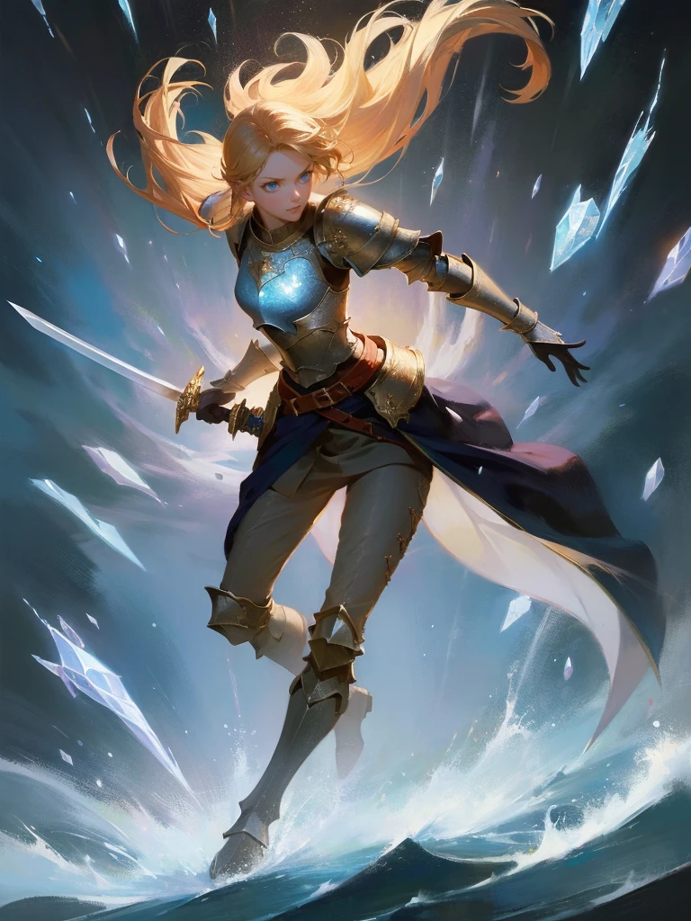 masterpiece, best quality, rpg character art, epic fantasy art style, 1 woman, Emily, 18 year old woman, serious and mature demeanor, focused in battle, rushing to a battle, using her wind based powers, super powers, wrapped in wind, full body fantasy concept art, blond hair in a ponytail comes down to her mid-back, crystal blue eyes, high detail, fantasy medieval style clothes (very light armor, sword at her waist), attire is modest but feminine, intricate details, ultra high resolution, sharp focus, HD, 8k, clear facial features, clear details, background is a medieval fantasy village, moving towards viewer