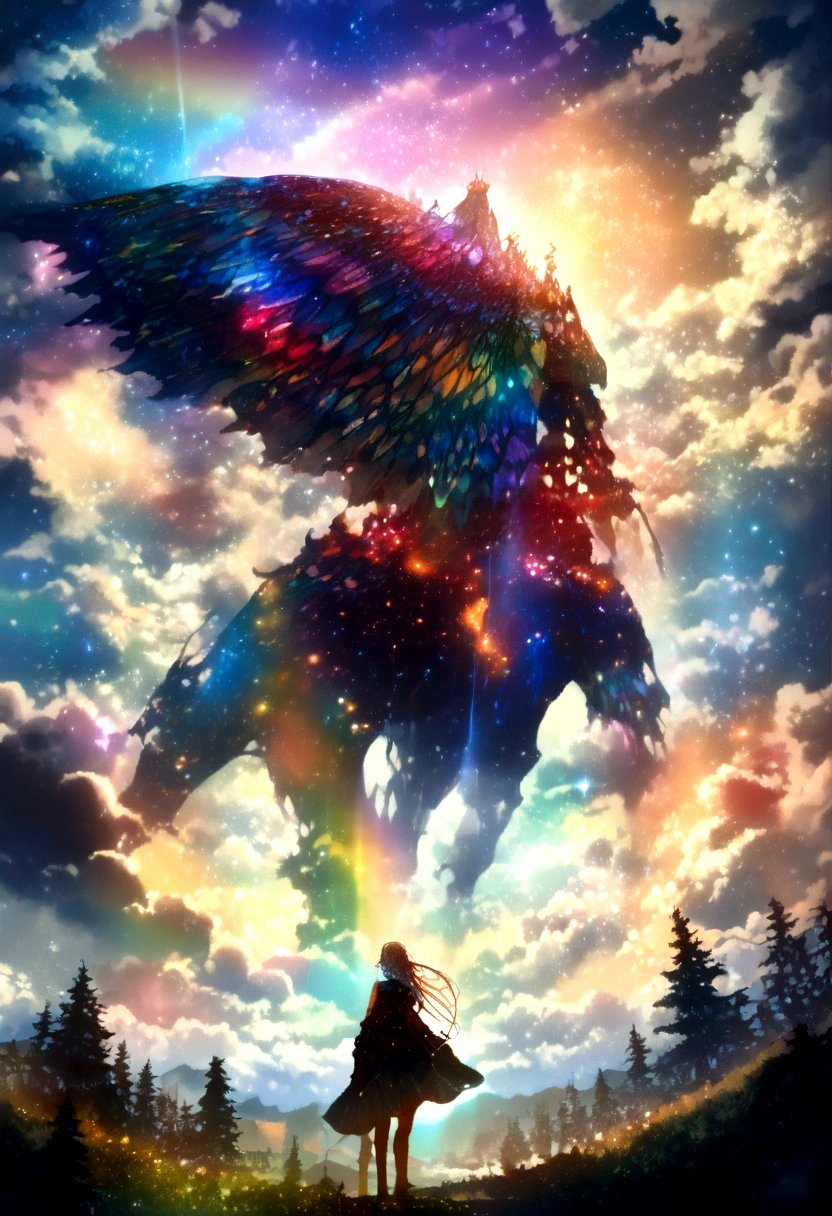 , Vast landscape photography , (a view from behind that shows null above and open field below), (noon, ((null, cloud))), Distant Mountain, Treebreak Production Art, (Warm light source:1.2), (fire Fly:1.2), lamp, Lots of purple and orange, Intricate details, Volumetric Lighting Break (masterpiece:1.2), (highest quality), 4K, Super detailed, (Dynamic configuration:1.4), Very detailed, Colorful details,( Rainbow-colored:1.2), (Shining Lights, Atmospheric lighting), dream-like, Magic, (alone:1.2)