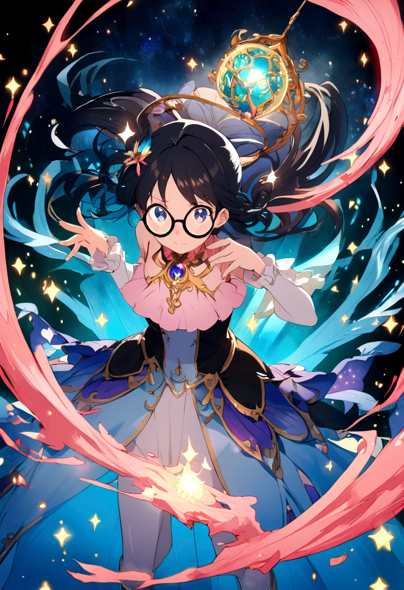 anime girl,with black hair black rounded glasses with a dark 