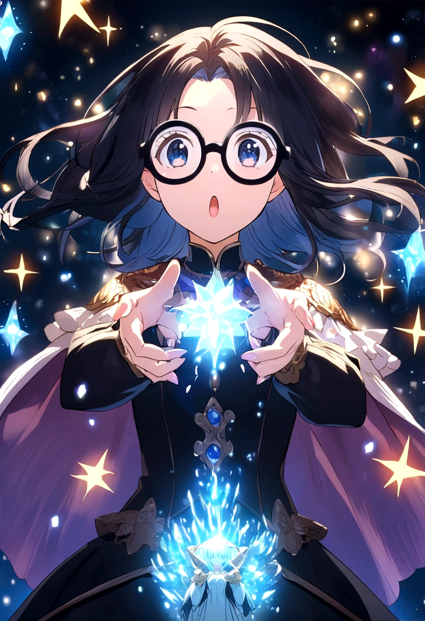 anime girl,with black hair black rounded glasses with a dark