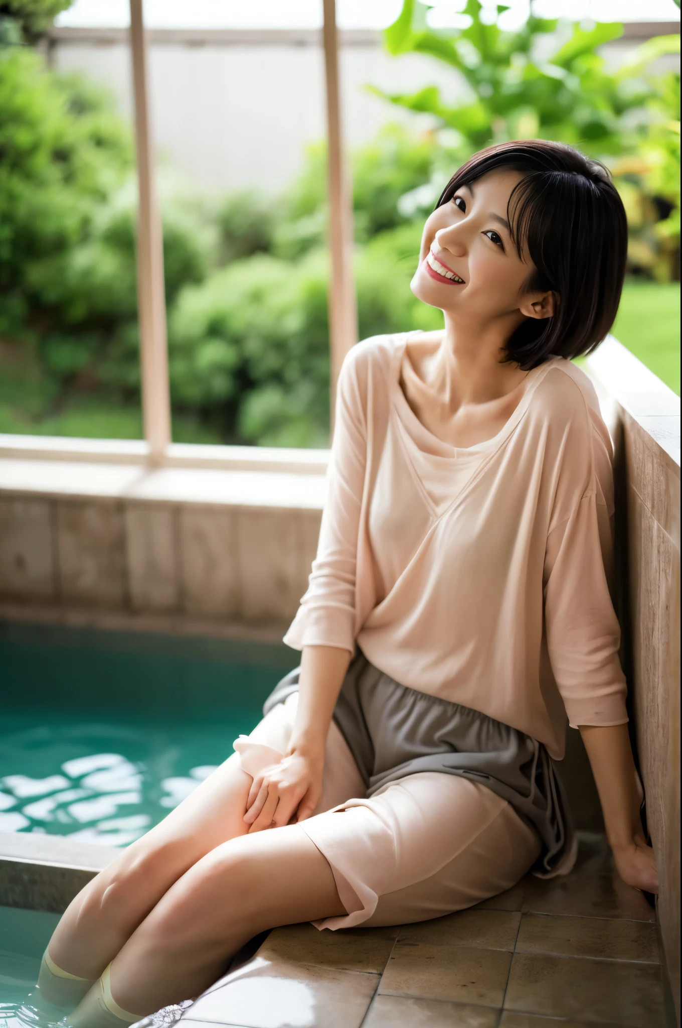 ????,underwear、Portraiture、8k、high quality、Realistic Photographic Images、43 years old、Japanese women、A worthy wife、、housewife、Natural and realistic eyes、Japanese Stand、Beautiful black hair、short hair、light makeup、Octane Rendering、Beautiful lighting、Golden ratio composition、Laughter、Casual wear、Casual clothing、Natural background、Blurred Background、High resolution、Pure Japanese humanity、Beautiful wife、Upper Body、light makeup、No makeup、Pure beauty、Private Server、gray、beige、green、Plain、Casual clothing、smile、Small black eyes、Background Blur、Ryokan with an open-air bath