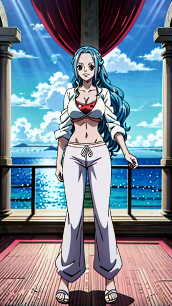 Crie uma imagem full body em estilo anime de Nefertari Vivi do anime One Piece. Ela possui cabelos longos e azuis com franja estilo Hime, olhos azuis, e um sorriso encantador. She is wearing a white leather jacket over a white loose-fitting shirt and sweatpants.. (corpo bonito:1.3) Vivi has bright red lips and a perfect anime face, com detalhes realistas e ultra detalhados. O fundo deve ser uma cidade, destacando-a como a melhor garota de anime (rosto bonito:1.3)