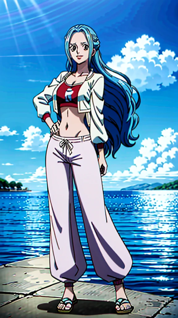 Crie uma imagem full body em estilo anime de Nefertari Vivi do anime One Piece. Ela possui cabelos longos e azuis com franja estilo Hime, olhos azuis, e um sorriso encantador. She is wearing a white leather jacket over a white loose-fitting shirt and sweatpants.. (corpo bonito:1.3) Vivi has bright red lips and a perfect anime face, com detalhes realistas e ultra detalhados. O fundo deve ser uma cidade, destacando-a como a melhor garota de anime (rosto bonito:1.3)
