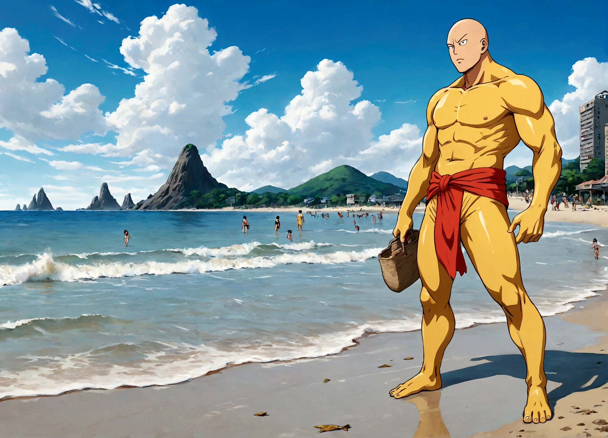 Saitama, dressed like a beach bum, is trying to enjoy a day at the beach when Kaiju begin emerging from the sea