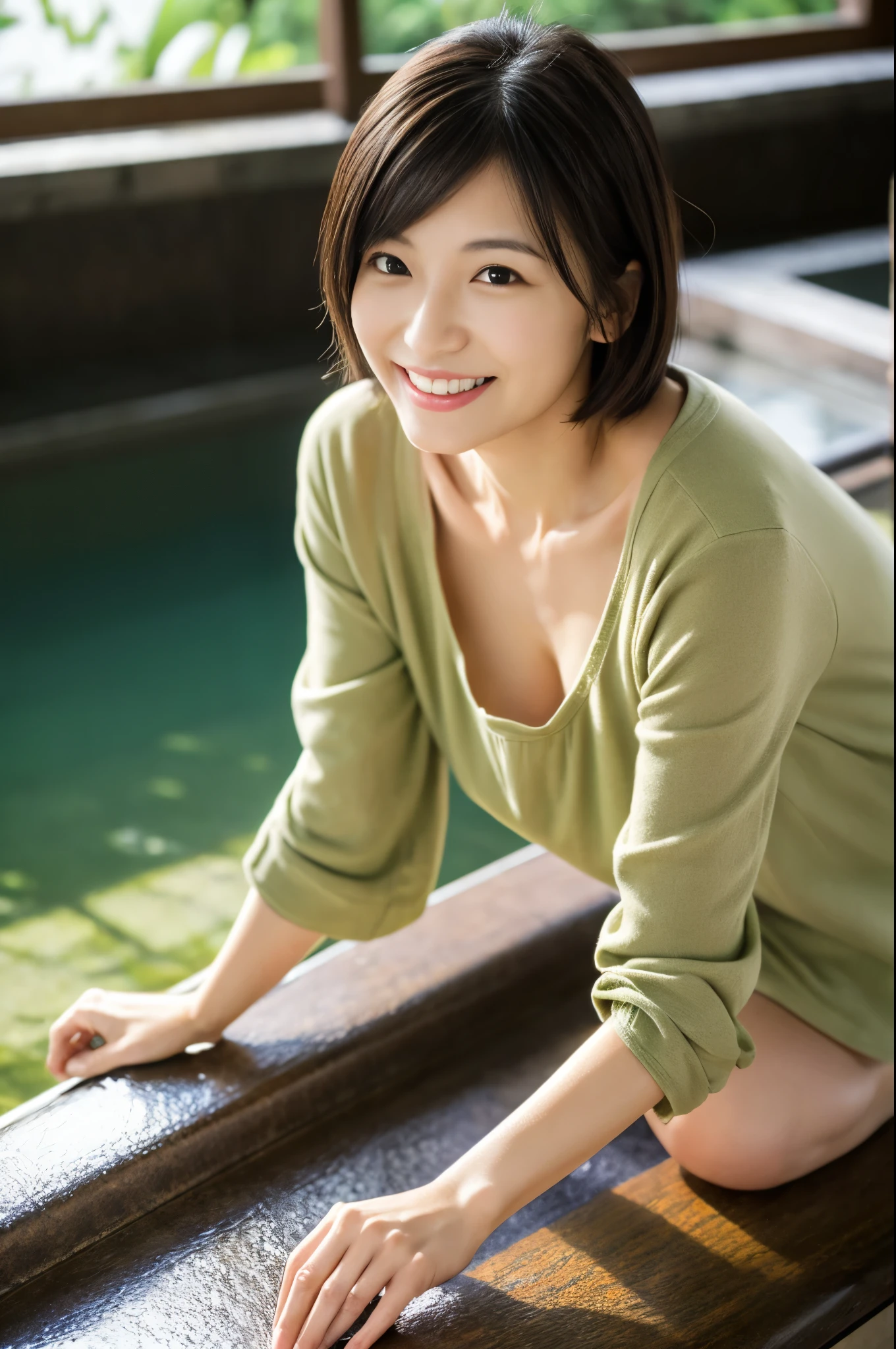 ,underwear、Portraiture、8k、high quality、Realistic Photographic Images、43 years old、Japanese women、A worthy wife、、housewife、Natural and realistic eyes、Japanese Stand、Beautiful black hair、short hair、light makeup、Octane Rendering、Beautiful lighting、Golden ratio composition、Laughter、Casual wear、Casual clothing、Natural background、Blurred Background、High resolution、Pure Japanese humanity、Beautiful wife、Upper Body、light makeup、No makeup、Pure beauty、Private Server、gray、beige、green、Plain、Casual clothing、smile、Small black eyes、Background Blur、Ryokan with an open-air bath