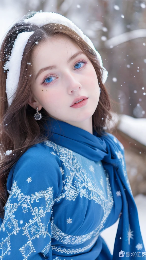 Beautiful girl, blue eyes, long curly white hair witg, detailed facial traits, beautiful earrings, national turkic female dress, naked breasts, yurta behind, it's snowing, sexy pose