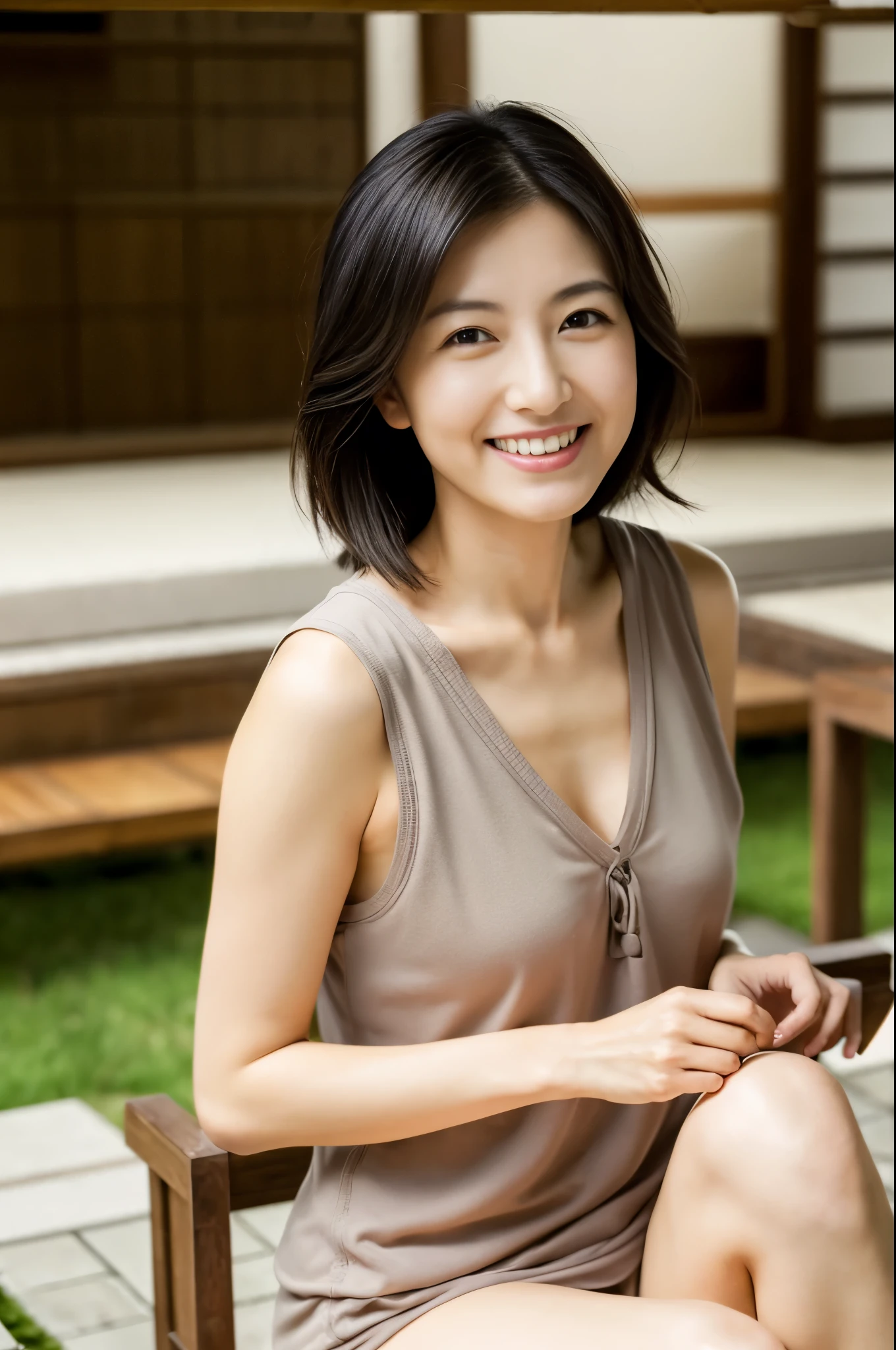 nude,underwear、Portraiture、8k、high quality、Realistic Photographic Images、43 years old、Japanese women、A worthy wife、、housewife、Natural and realistic eyes、Japanese Stand、Beautiful black hair、short hair、light makeup、Octane Rendering、Beautiful lighting、Golden ratio composition、Laughter、Casual wear、Casual clothing、Natural background、Blurred Background、High resolution、Pure Japanese humanity、Beautiful wife、Upper Body、light makeup、No makeup、Pure beauty、Private Server、gray、beige、green、Plain、Casual clothing、smile、Small black eyes、Background Blur、Ryokan with an open-air bath