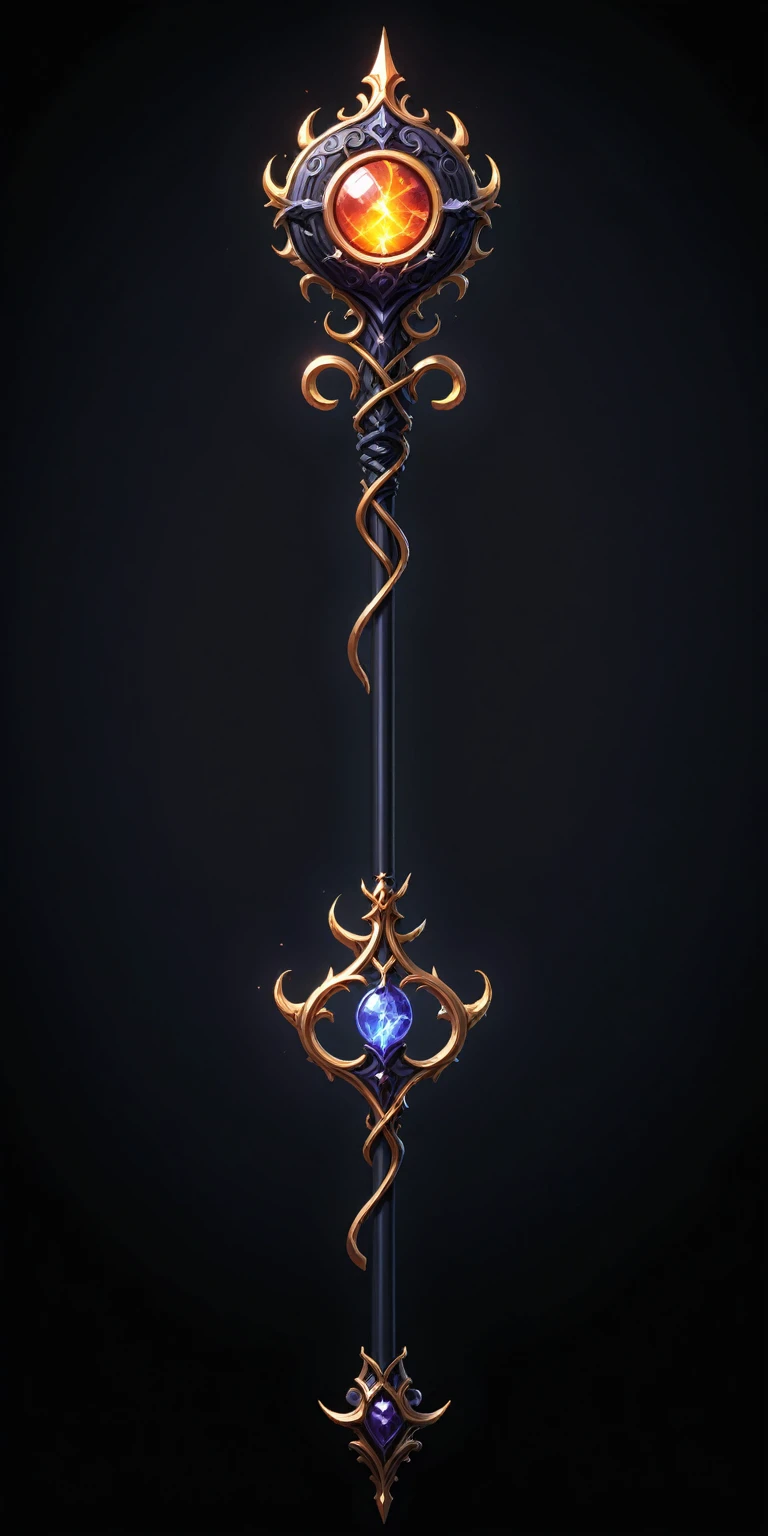 pixel art, cartoon illustration, Divine glavie greatstaff, Powerfull Magical theme, simple black background, RPG game icon