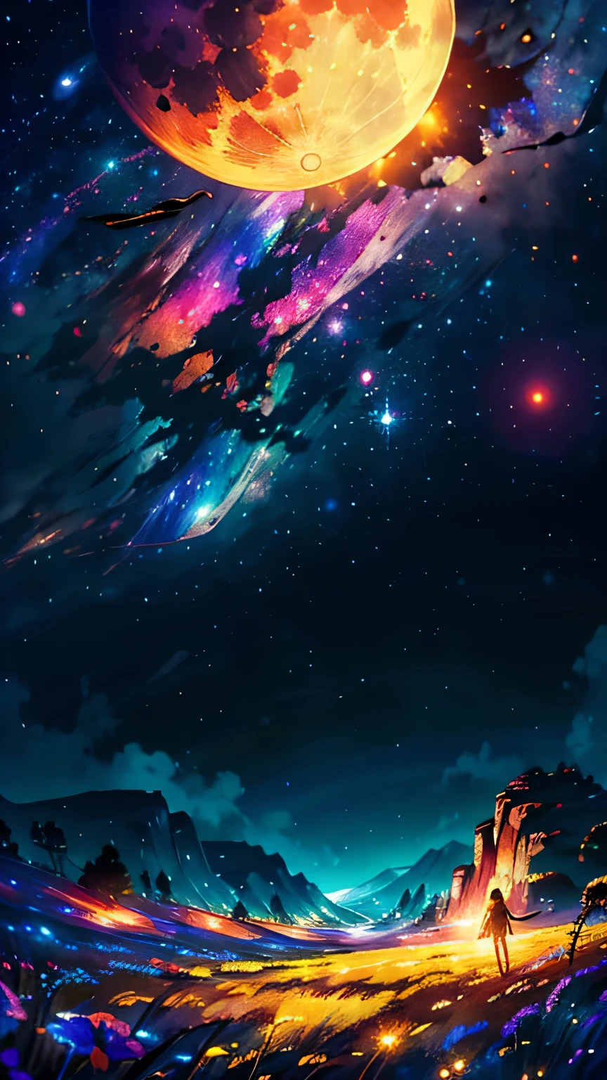 Vast landscape photography , (A view from below, with the sky above and the wide fields below), A girl standing in a flower field looking up, (full moon:1.2), ( shooting star:0.9), (nebula:1.3), Distant Mountain, Treebreak Production Art, (Warm light source:1.2), (fire Fly:1.2), lamp, Lots of purple and orange, Intricate details, Volumetric Lighting Break
(masterpiece:1.2), (highest quality), 4K, Super detailed, (Dynamic configuration:1.4), Very detailed, Colorful details,( Rainbow-colored:1.2), (Shining Lights, Atmospheric lighting), dream-like, Magic, (alone:1.2)