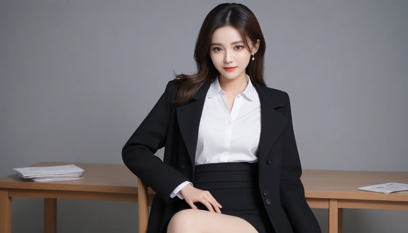 ((top quality、8K、masterpiece:1.3))、Beautiful woman with perfect body:1.4、slim abdomen:1.2、face and skin texture, eye for detail, delicate eyes, double eyelid, (laugh), (full body shot), ((office)), (sit on a chair), (((Wearing a black coat and white uniform)), Looking Ahead, hair back