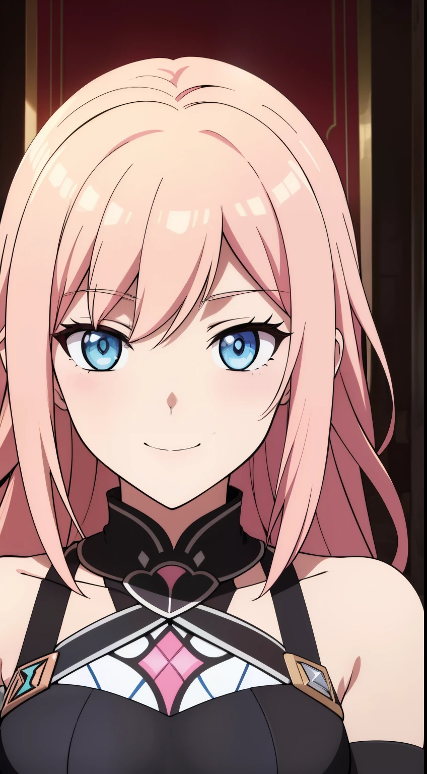 (high-quality, breathtaking),(expressive eyes, perfect face) Symmetrical Eyes, portrait, 1girl, warm blonde hair color, pink highlights, bright blue eyes, blue and white armor, black curly hair, wavy hair, bare shoulders, smiling, fantasy armor, Neopolitan RWBY, detached sleeves, long hair length, black shawl
