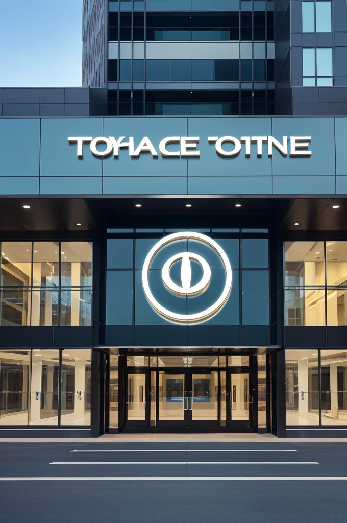 Make a image of front of company that building made of glass and attached with the logo of Toyota