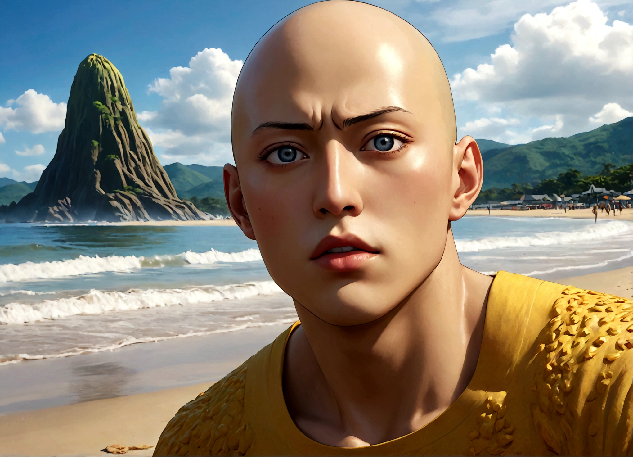 Saitama in casual beach attire, beautiful detailed eyes, beautiful detailed lips, extremely detailed face, longeyelashes, relaxing at the beach, kaiju emerging from the sea, realistic, photorealistic, best quality, 8k, highres, masterpiece, ultra-detailed, vivid colors, cinematic lighting, dramatic atmosphere, concept art style