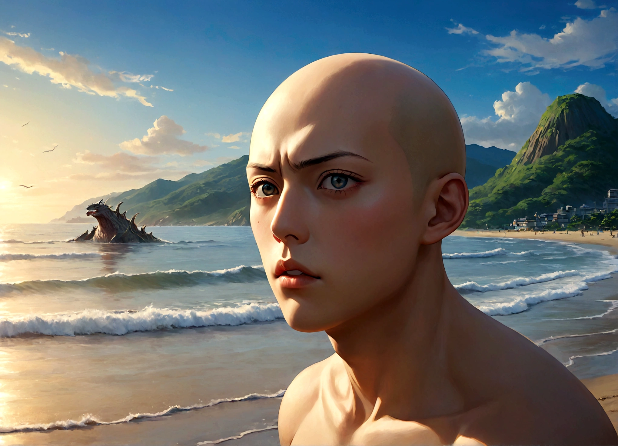 Saitama in casual beach attire, beautiful detailed eyes, beautiful detailed lips, extremely detailed face, longeyelashes, relaxing at the beach, kaiju emerging from the sea, realistic, photorealistic, best quality, 8k, highres, masterpiece, ultra-detailed, vivid colors, cinematic lighting, dramatic atmosphere, concept art style