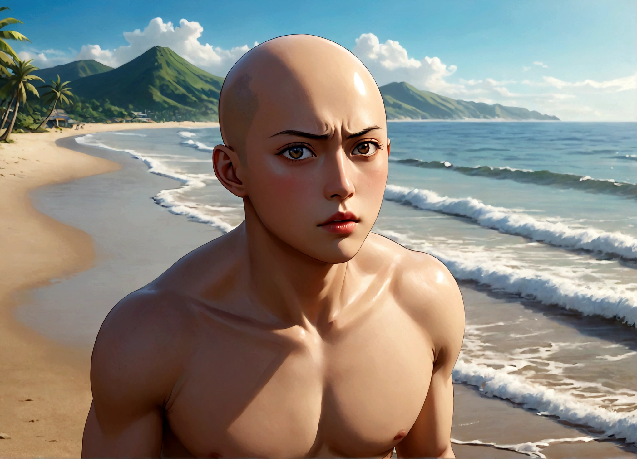 Saitama in casual beach attire, beautiful detailed eyes, beautiful detailed lips, extremely detailed face, longeyelashes, relaxing at the beach, kaiju emerging from the sea, realistic, photorealistic, best quality, 8k, highres, masterpiece, ultra-detailed, vivid colors, cinematic lighting, dramatic atmosphere, concept art style